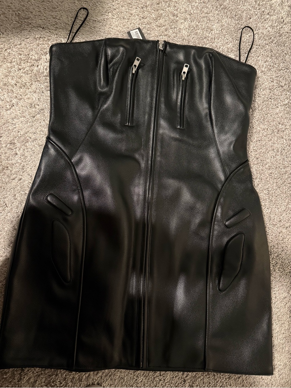 Kylie Jenner Strapless Black Faux Leather Mini Dress with Front Zip
